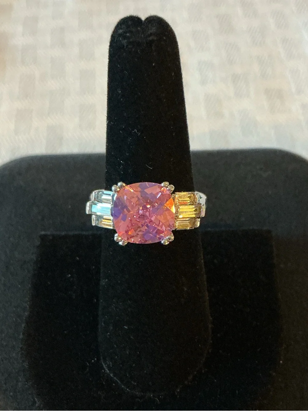 Pink Cushion Cut Cubic Zirconia Baguette Approximately 4 Silver Tone Ring